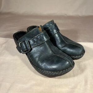 Born Shoes Womens 9 1/2 M Mule Clogs Black Leather Round Wedge W32397 CQH11